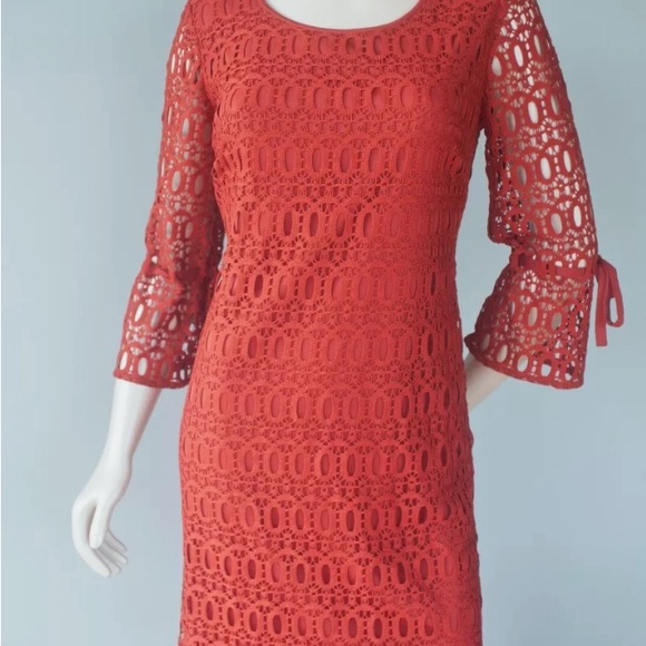 Dress Barn Women's Size 20 Rust Red/Orange Crochet Lace 3/4 Sleeve Dress - Picture 2 of 11